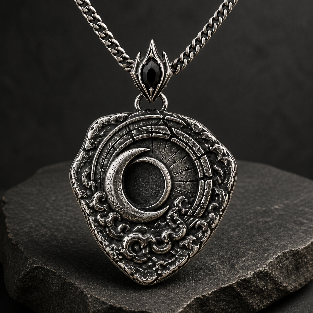 Oxidized 925 sterling silver shield pendant with raised crescent moon, dark circular center, textured relief details, pointed bail, and curb chain on beige fabric.