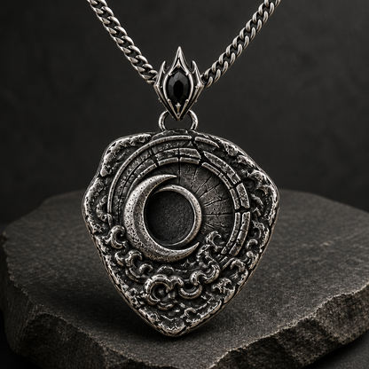 Oxidized 925 sterling silver shield pendant with raised crescent moon, dark circular center, textured relief details, pointed bail, and curb chain on beige fabric.