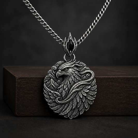 Oxidized 925 sterling silver men's pendant necklace with a raised falcon head, layered feather wings, swirling wind details, mountain relief, ornamental bail and curb chain.