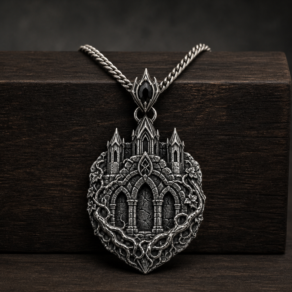 Oxidized 925 sterling silver pendant necklace with a detailed citadel façade, arched masonry relief, pointed towers, ivy-root texture and curb chain on a dark background.