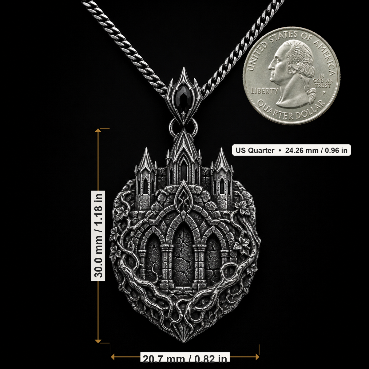 Oxidized 925 sterling silver pendant necklace with a detailed citadel façade, arched masonry relief, pointed towers, ivy-root texture and curb chain on a dark background.