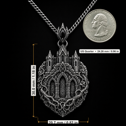 Oxidized 925 sterling silver pendant necklace with a detailed citadel façade, arched masonry relief, pointed towers, ivy-root texture and curb chain on a dark background.