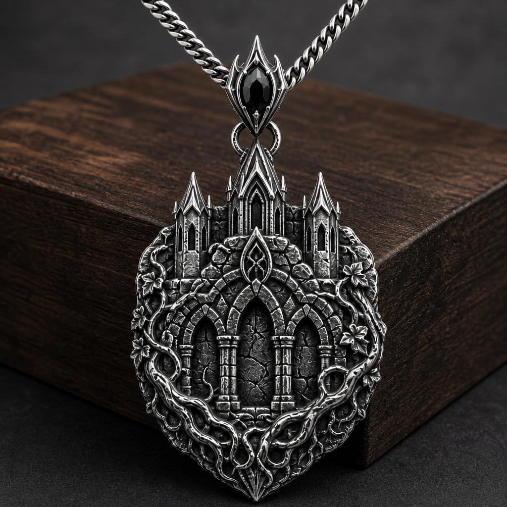 Oxidized 925 sterling silver pendant necklace with a detailed citadel façade, arched masonry relief, pointed towers, ivy-root texture and curb chain on a dark background.