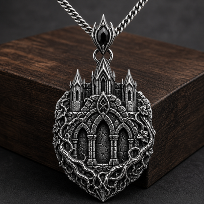 Oxidized 925 sterling silver pendant necklace with a detailed citadel façade, arched masonry relief, pointed towers, ivy-root texture and curb chain on a dark background.