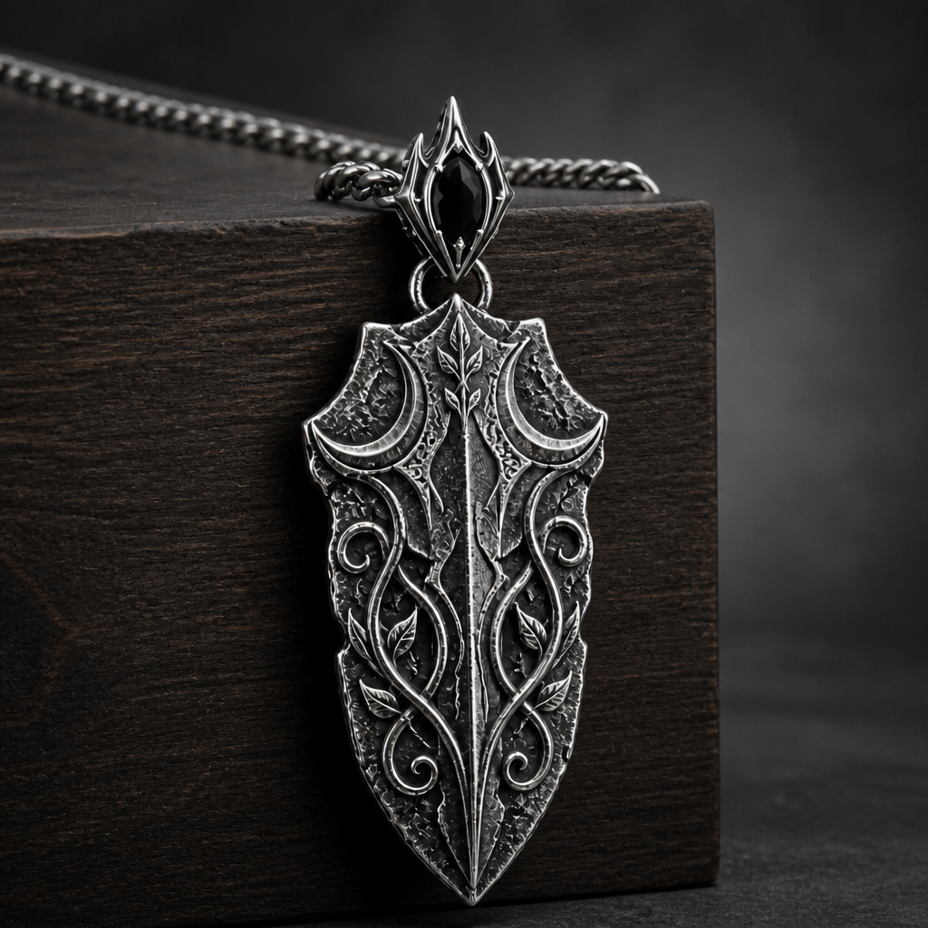 Oxidized 925 sterling silver pendant necklace with a blade-shaped relic pendant, crescent moon details, raised vine engraving, decorative bail and curb chain on a black background.