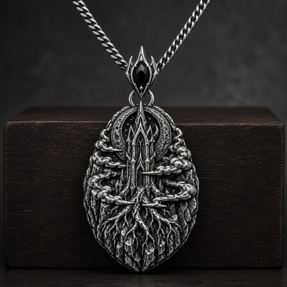 Oxidized 925 sterling silver pendant necklace with a pointed moonspire relief, root-like lower forms, drifting fog bands, and curb chain on a dark background.