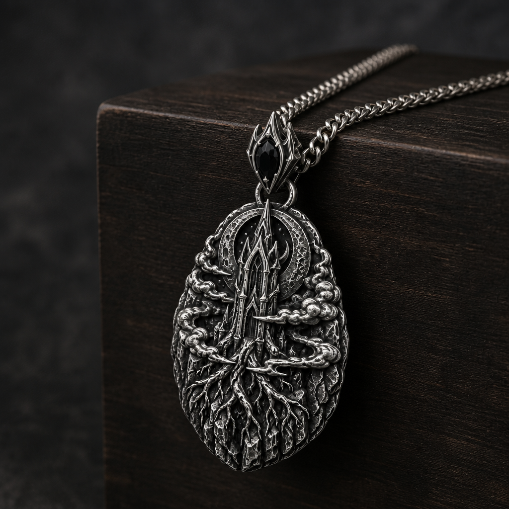Oxidized 925 sterling silver pendant necklace with a pointed moonspire relief, root-like lower forms, drifting fog bands, and curb chain on a dark background.