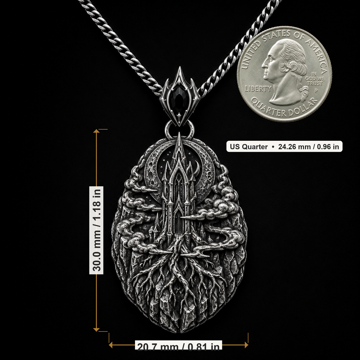 Oxidized 925 sterling silver pendant necklace with a pointed moonspire relief, root-like lower forms, drifting fog bands, and curb chain on a dark background.