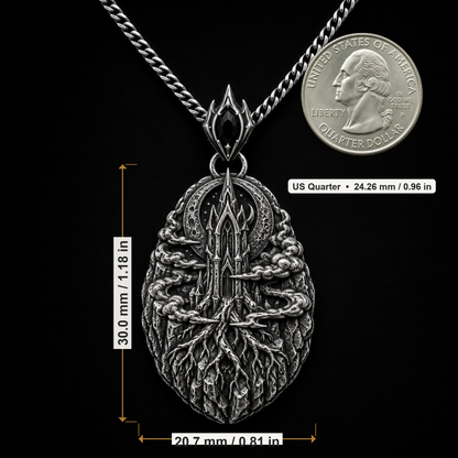 Oxidized 925 sterling silver pendant necklace with a pointed moonspire relief, root-like lower forms, drifting fog bands, and curb chain on a dark background.