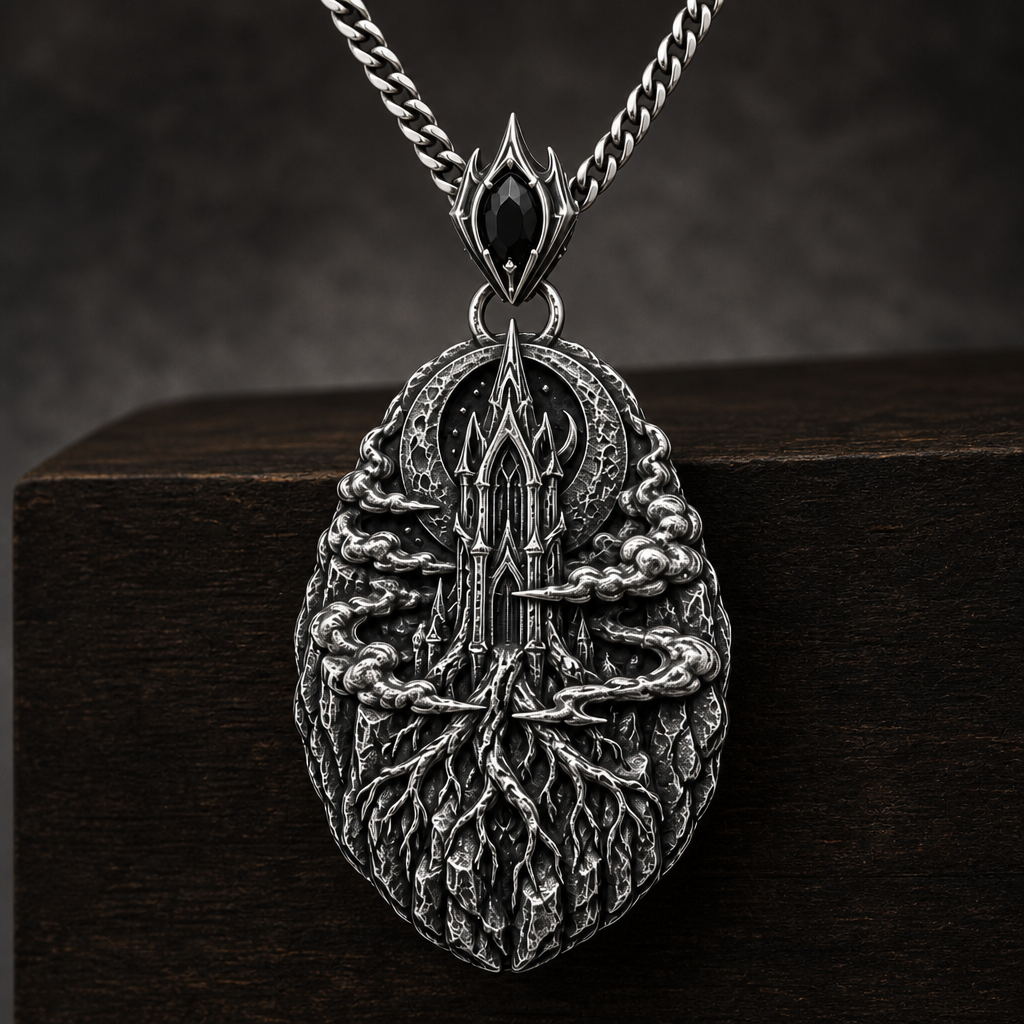 Oxidized 925 sterling silver pendant necklace with a pointed moonspire relief, root-like lower forms, drifting fog bands, and curb chain on a dark background.