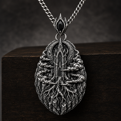 Oxidized 925 sterling silver pendant necklace with a pointed moonspire relief, root-like lower forms, drifting fog bands, and curb chain on a dark background.