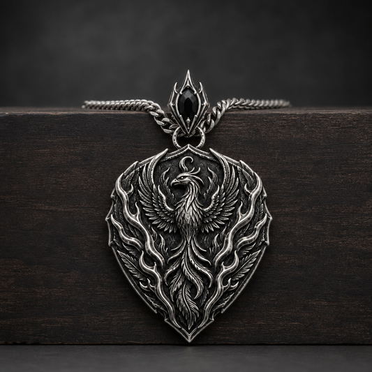 Oxidized 925 sterling silver pendant necklace with a phoenix crest, flame relief, shield outline, dark antique recesses and included curb chain on a black background.