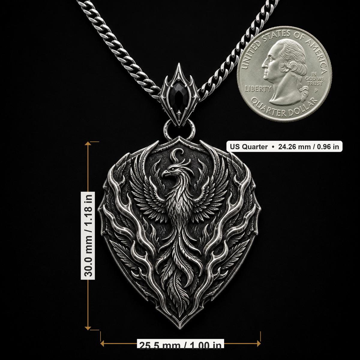 Oxidized 925 sterling silver pendant necklace with a phoenix crest, flame relief, shield outline, dark antique recesses and included curb chain on a black background.