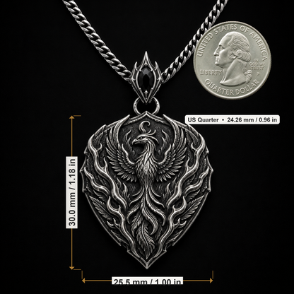 Oxidized 925 sterling silver pendant necklace with a phoenix crest, flame relief, shield outline, dark antique recesses and included curb chain on a black background.