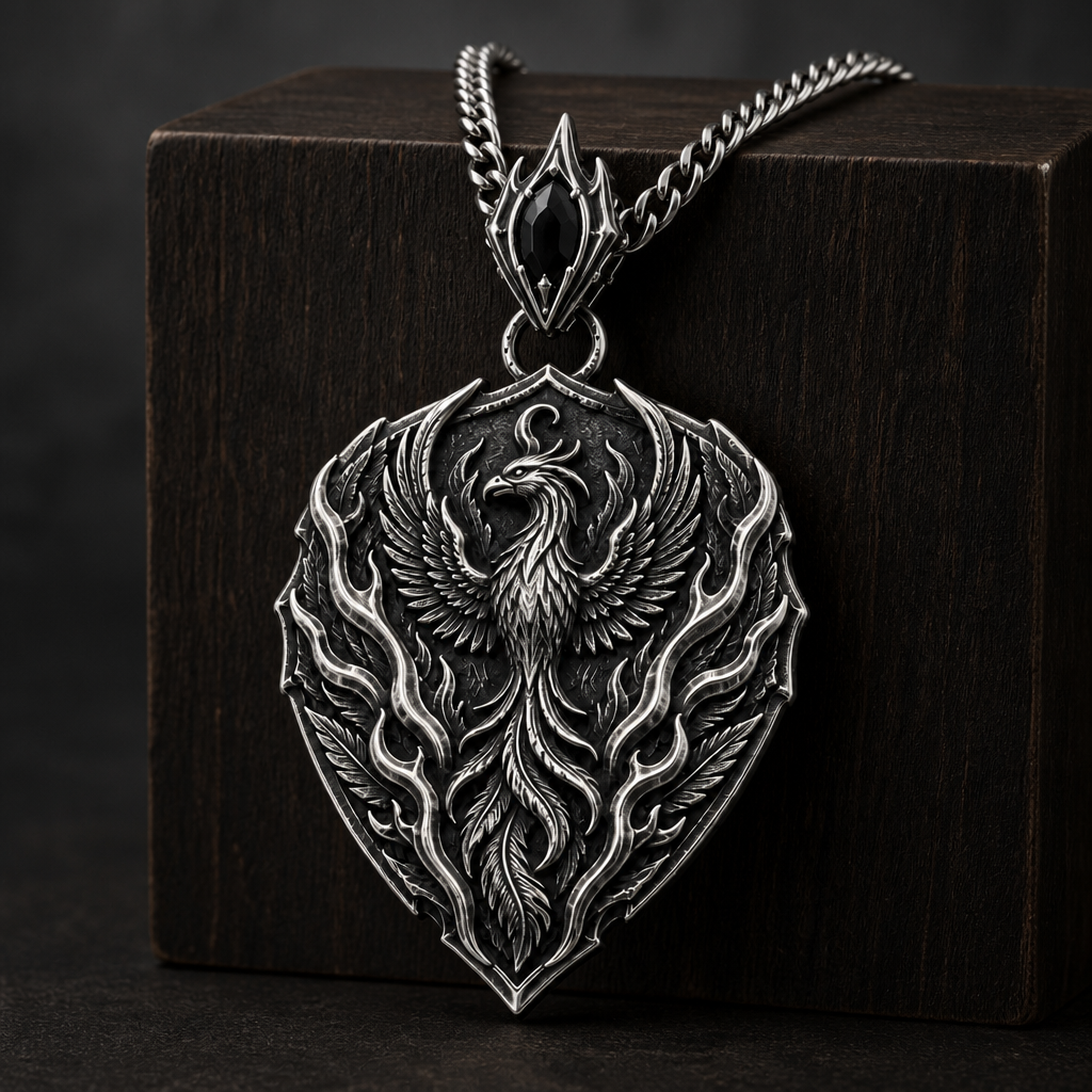 Oxidized 925 sterling silver pendant necklace with a phoenix crest, flame relief, shield outline, dark antique recesses and included curb chain on a black background.