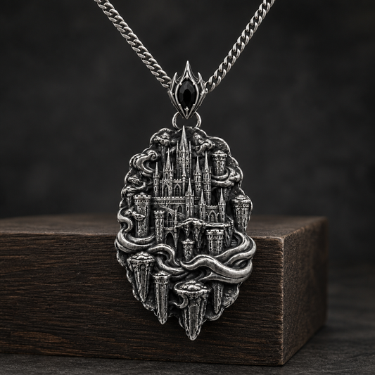 Oxidized 925 sterling silver pendant necklace showing a raised fantasy sky fortress with spired towers, floating pillars and flowing cloud forms on a curb chain.