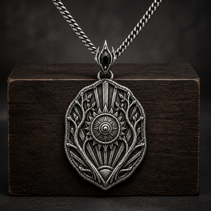 Oxidized 925 sterling silver pendant necklace with raised sun medallion, branching relief, dawn ray details, shield-shaped frame and curb chain on a dark background.