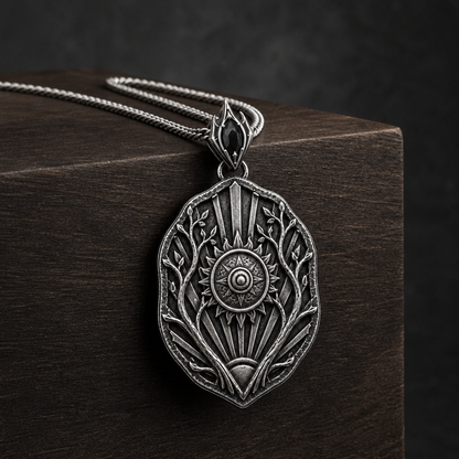 Oxidized 925 sterling silver pendant necklace with raised sun medallion, branching relief, dawn ray details, shield-shaped frame and curb chain on a dark background.