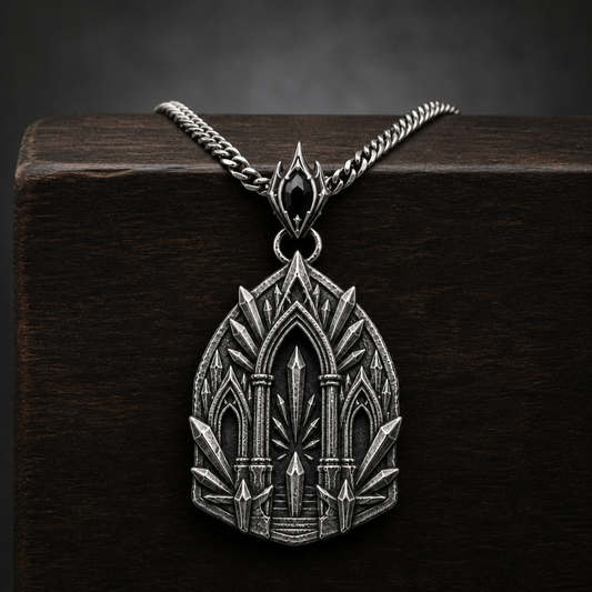 Oxidized 925 sterling silver pendant necklace with a sacred arch temple relief, raised shard-like silver details, round connector and curb chain on a black background.