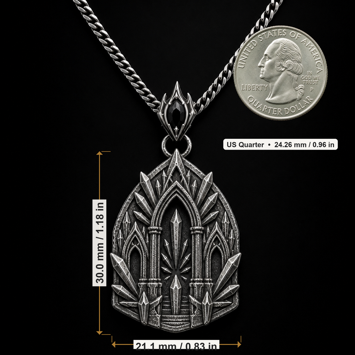 Oxidized 925 sterling silver pendant necklace with a sacred arch temple relief, raised shard-like silver details, round connector and curb chain on a black background.