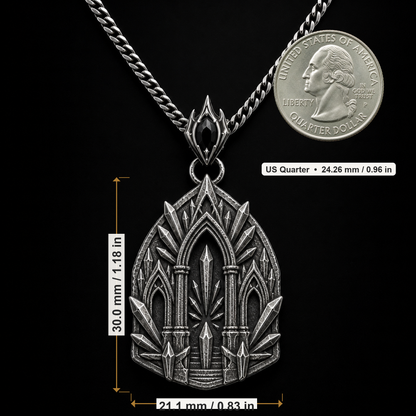 Oxidized 925 sterling silver pendant necklace with a sacred arch temple relief, raised shard-like silver details, round connector and curb chain on a black background.