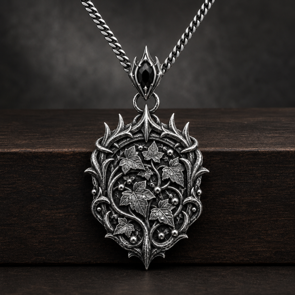 Oxidized 925 sterling silver pendant necklace with an elven thorn crown frame, raised ivy leaves and bead-like dew details on an included curb chain.