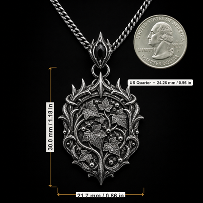 Oxidized 925 sterling silver pendant necklace with an elven thorn crown frame, raised ivy leaves and bead-like dew details on an included curb chain.