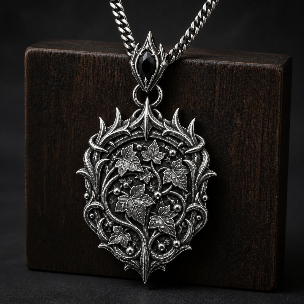 Oxidized 925 sterling silver pendant necklace with an elven thorn crown frame, raised ivy leaves and bead-like dew details on an included curb chain.