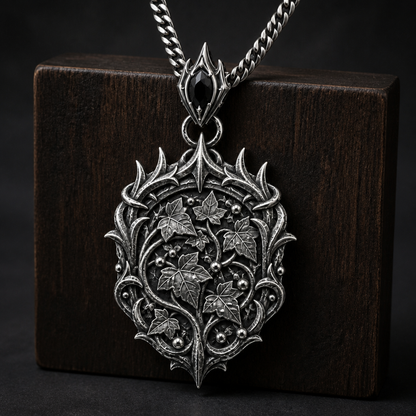 Oxidized 925 sterling silver pendant necklace with an elven thorn crown frame, raised ivy leaves and bead-like dew details on an included curb chain.