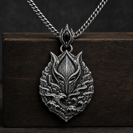 Oxidized 925 sterling silver Tidecliff Guardian pendant necklace with crest-like mask relief, cliff textures, wave details, and included curb chain on a dark background.