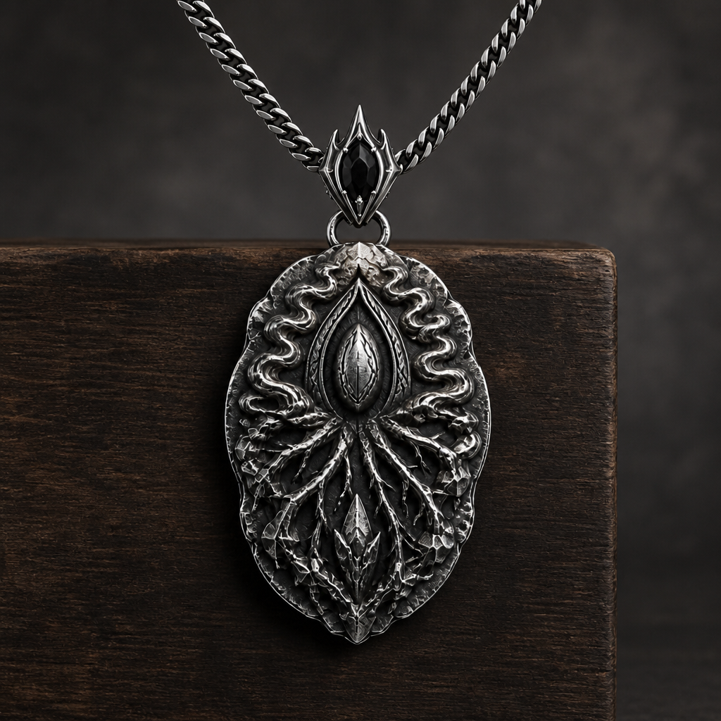 Oxidized 925 sterling silver pendant necklace with curb chain, raised oval memory-core center, root-like relief details, flowing mist shapes, and antique dark finish.