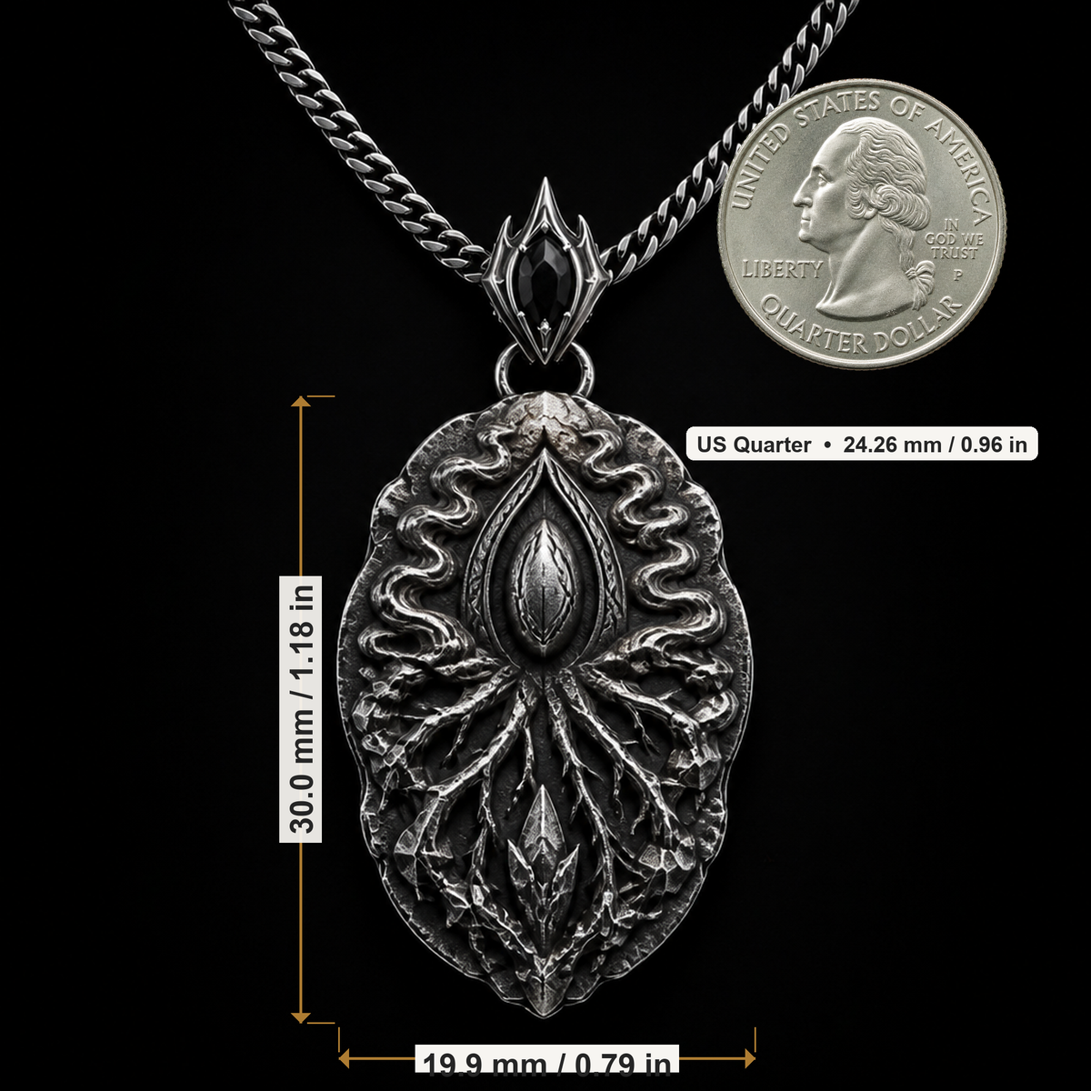 Oxidized 925 sterling silver pendant necklace with curb chain, raised oval memory-core center, root-like relief details, flowing mist shapes, and antique dark finish.