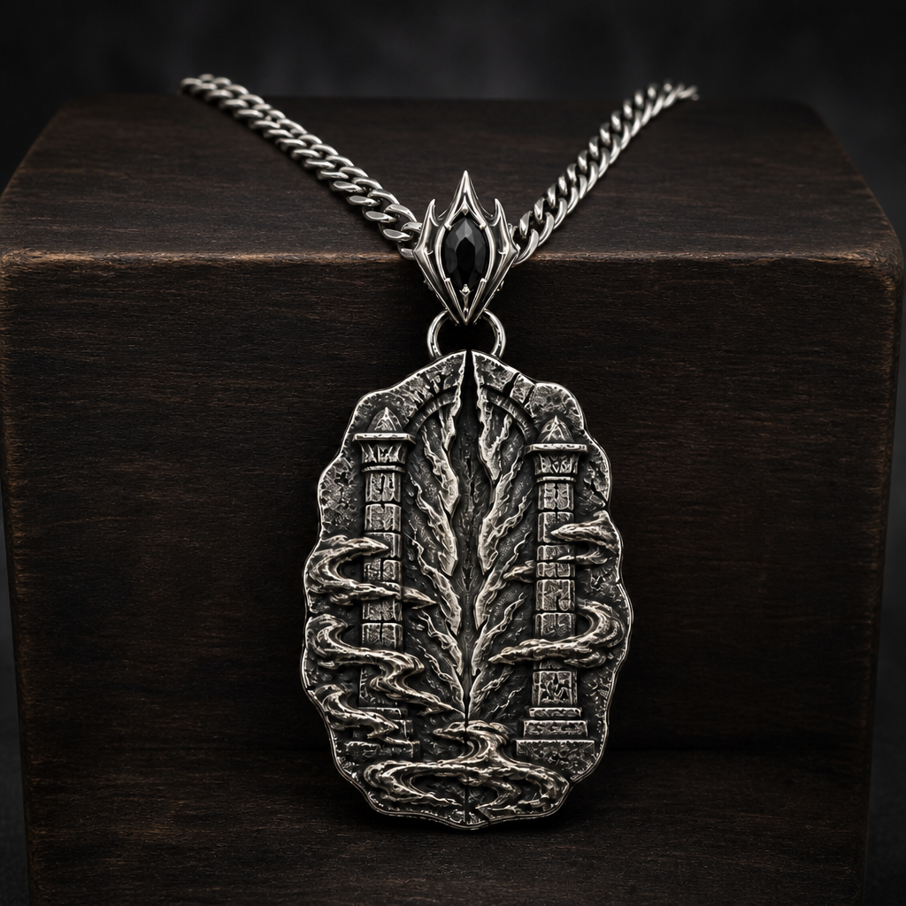 Oxidized 925 sterling silver pendant necklace with a raised rift beacon relief, carved pillar motifs, swirling fog details, ornate bail and curb chain on a dark background.