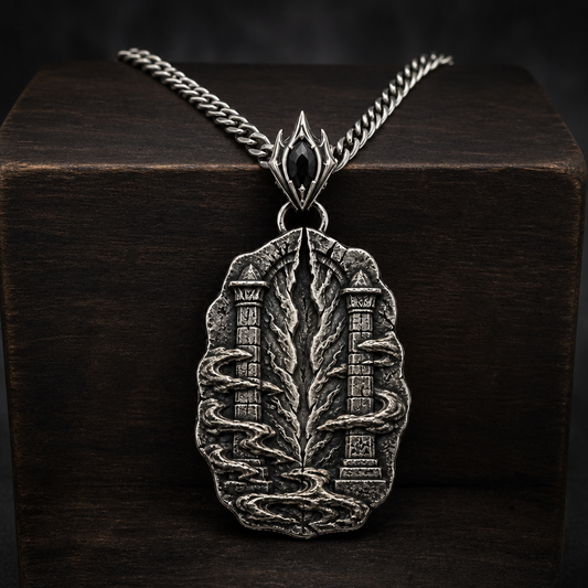 Oxidized 925 sterling silver pendant necklace with a raised rift beacon relief, carved pillar motifs, swirling fog details, ornate bail and curb chain on a dark background.
