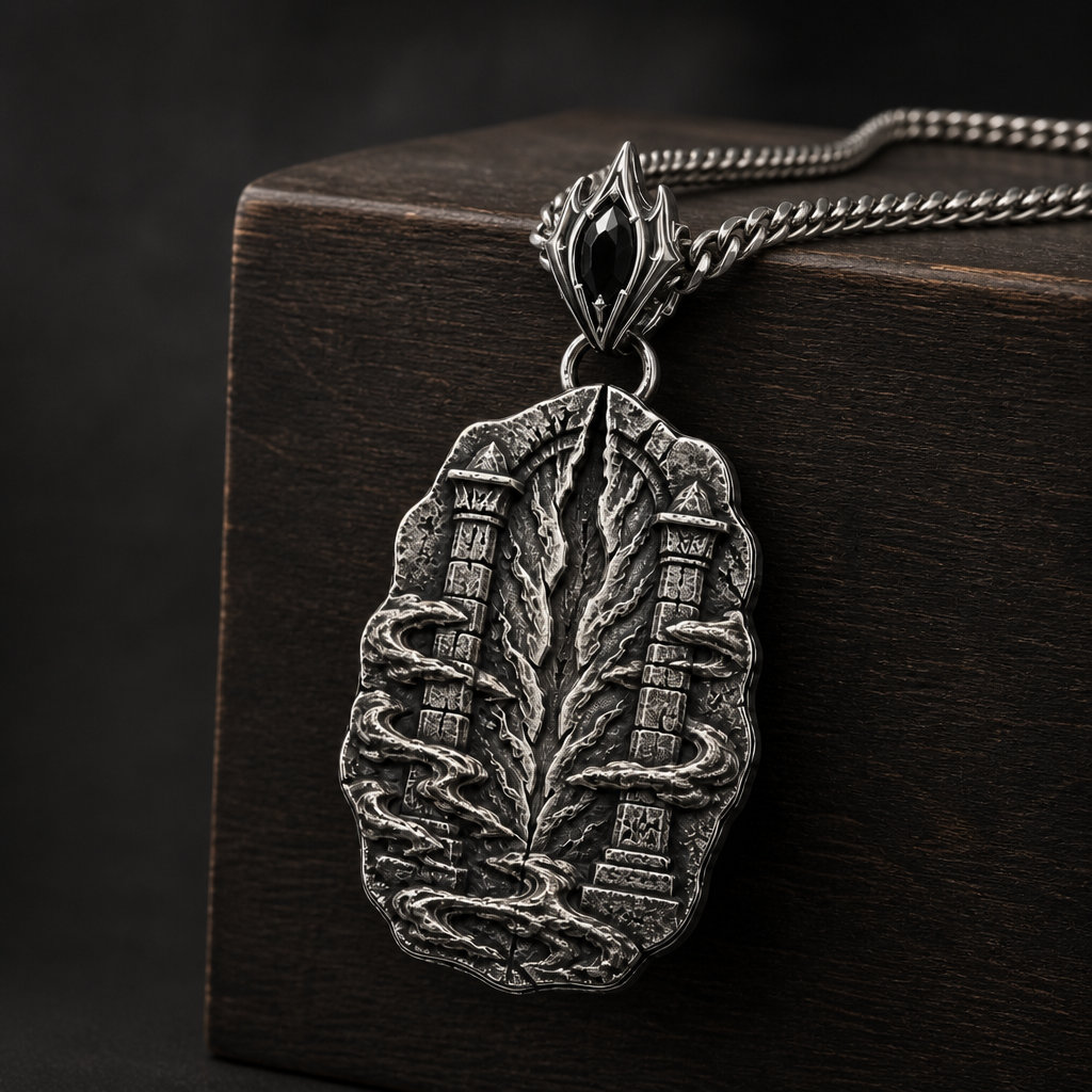 Oxidized 925 sterling silver pendant necklace with a raised rift beacon relief, carved pillar motifs, swirling fog details, ornate bail and curb chain on a dark background.