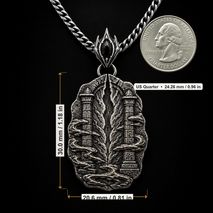 Oxidized 925 sterling silver pendant necklace with a raised rift beacon relief, carved pillar motifs, swirling fog details, ornate bail and curb chain on a dark background.