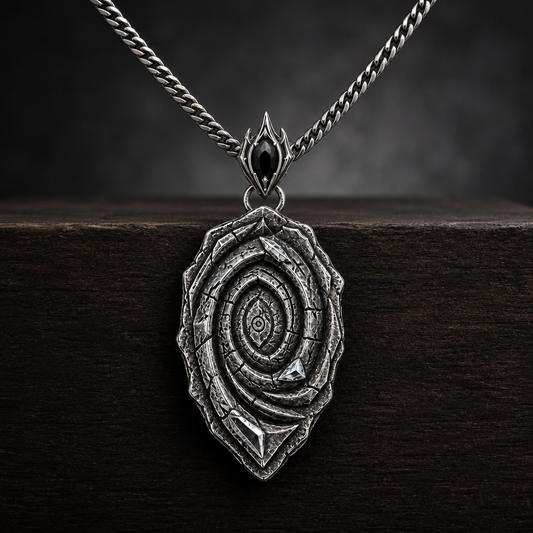 Oxidized 925 sterling silver pendant necklace with a layered spiral relief, central oval motif, angular raised highlights, pointed lower edge, and curb chain on a black background.