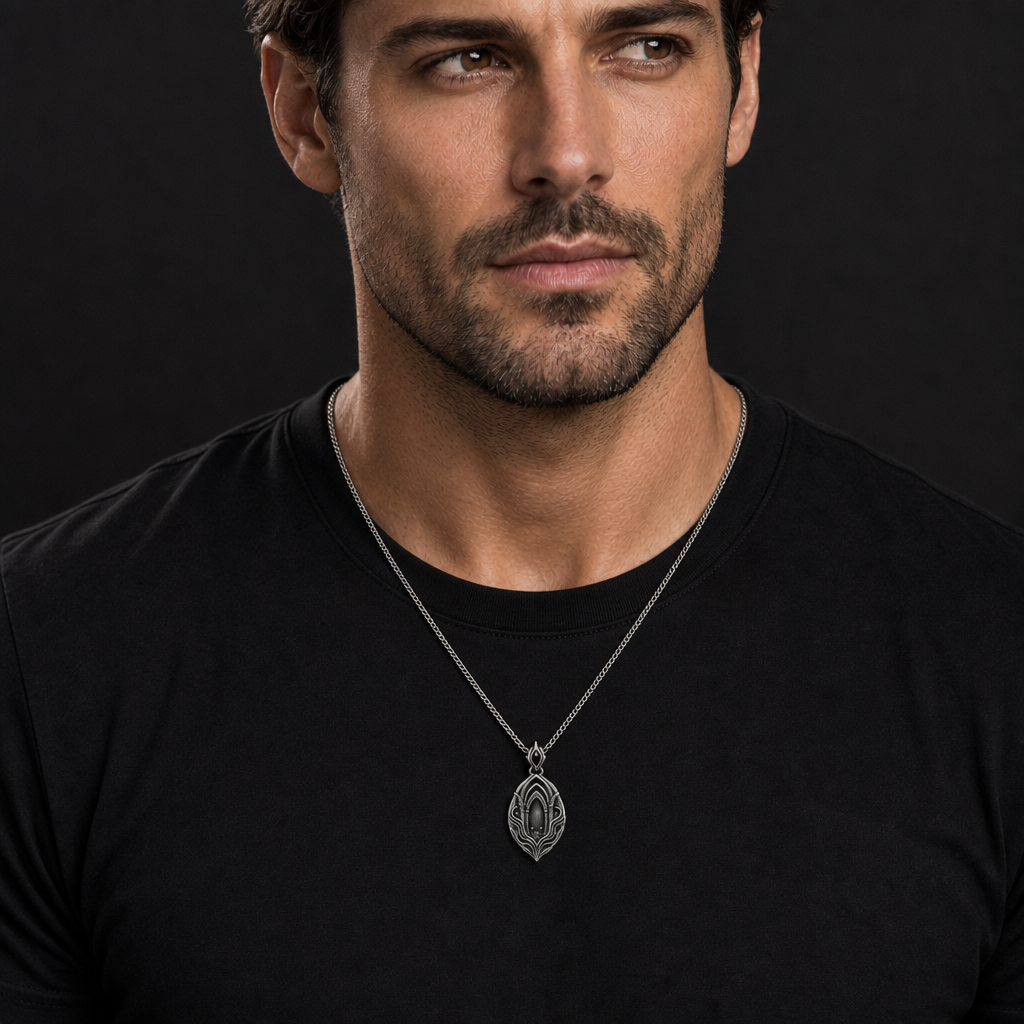 Oxidized 925 sterling silver men's pendant necklace with nested arch relief, flowing wave grooves, pointed silhouette, decorative bail and curb chain on a dark background.