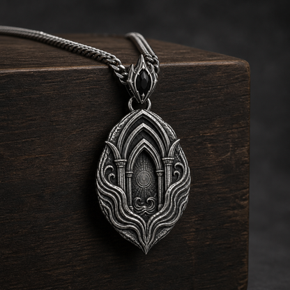 Oxidized 925 sterling silver men's pendant necklace with nested arch relief, flowing wave grooves, pointed silhouette, decorative bail and curb chain on a dark background.