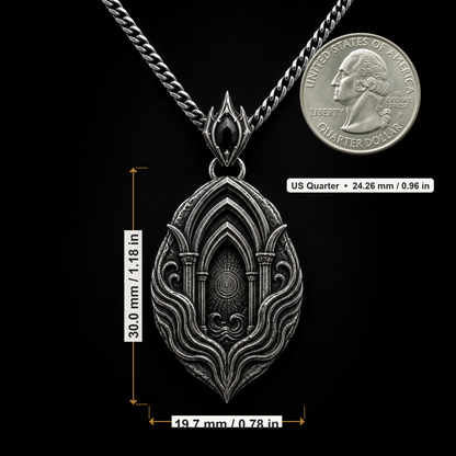 Oxidized 925 sterling silver men's pendant necklace with nested arch relief, flowing wave grooves, pointed silhouette, decorative bail and curb chain on a dark background.
