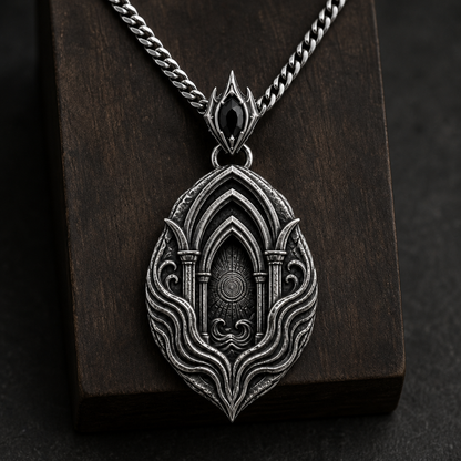 Oxidized 925 sterling silver men's pendant necklace with nested arch relief, flowing wave grooves, pointed silhouette, decorative bail and curb chain on a dark background.