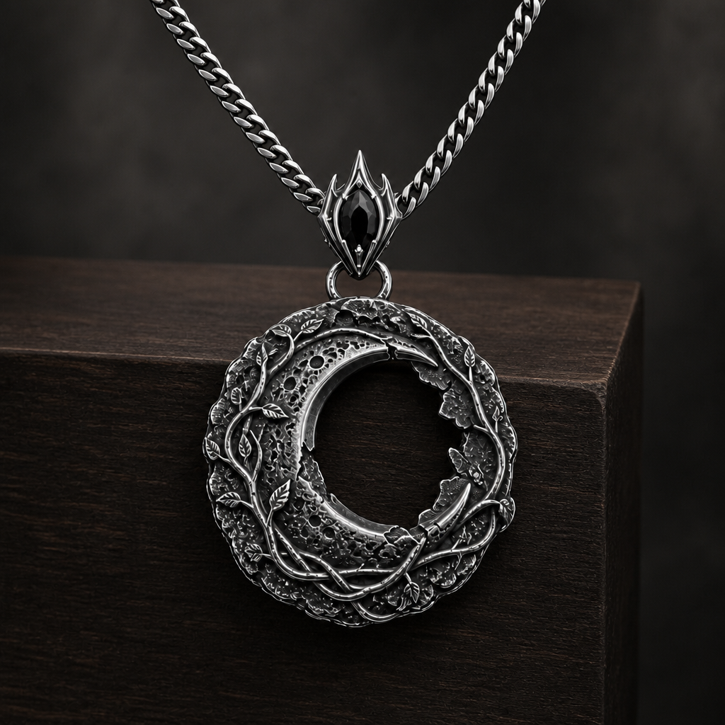 Oxidized 925 sterling silver hollow moon pendant with raised vine details, crater-like texture, ornate bail and included curb chain on a black background.