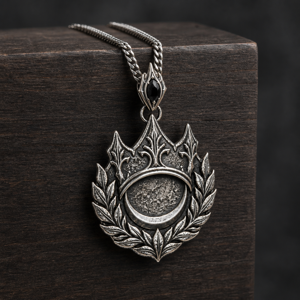 Oxidized 925 sterling silver pendant necklace with a crown, laurel wreath, crescent medallion, black faceted accent on the bail, and curb chain.