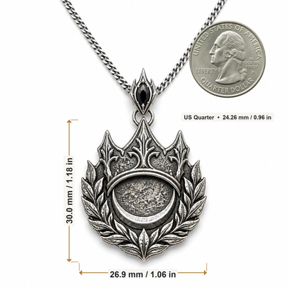 Oxidized 925 sterling silver pendant necklace with a crown, laurel wreath, crescent medallion, black faceted accent on the bail, and curb chain.