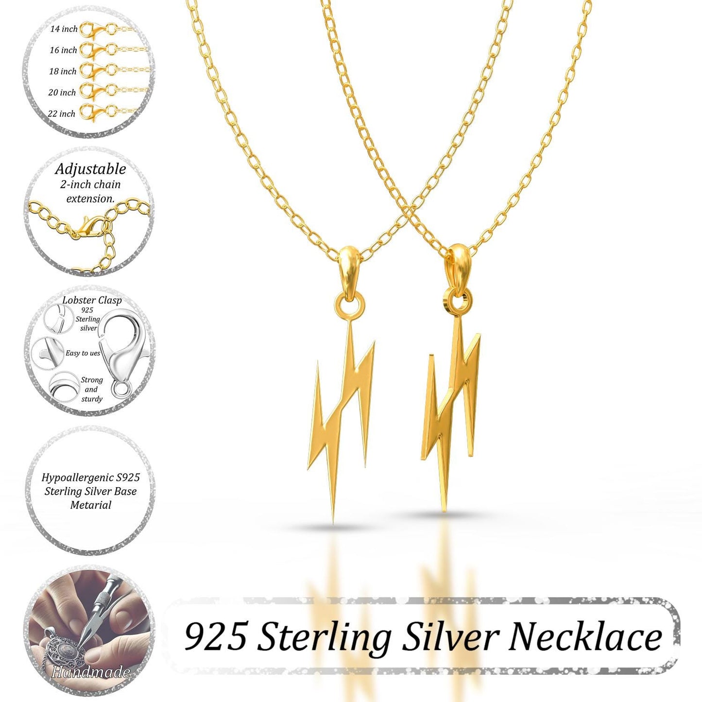 Handmade 925 Sterling Silver Lightning Bolt Necklace–Dainty Gold Plated Charm,Silver Charms,Layering Necklace,Statement Pendant,Gift for Her