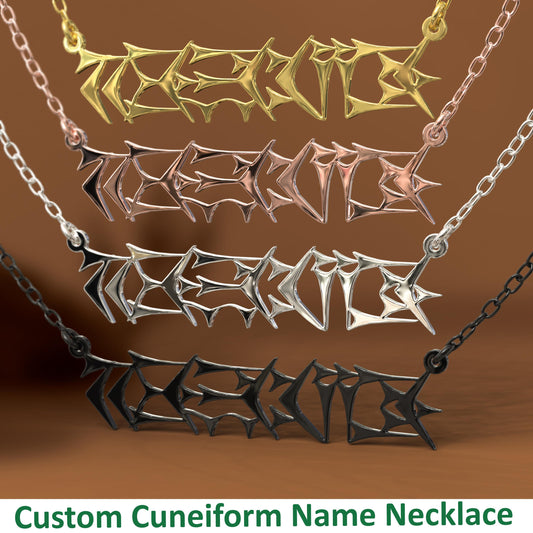 Cuneiform Name Necklace, Custom Engraved Charms, Sumerian Pendant in 925 Sterling Silver & Gold-Plated Chain – Perfect Handmade Gift for Her