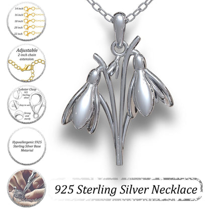 Snowdrop Necklace,January Birth Flower Jewelry,Sterling Silver Pendant,Floral Necklace,Handmade Botanical Charm,Dainty Silver Women's Gift