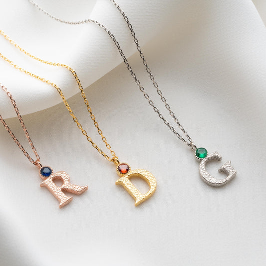 Personalized Birthstone Letter Necklace, 925 Sterling Silver Initial Pendant, Custom Engraved Jewelry, Elegant Gift for Women.