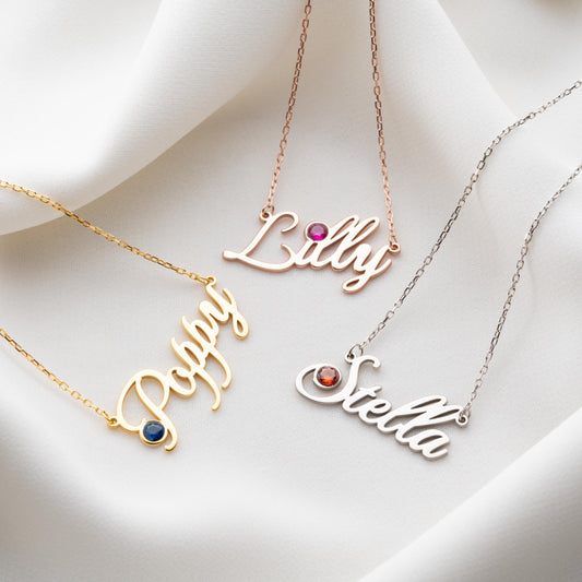 Personalized Christmas Birthstone Name Necklace, 925 Sterling Silver Custom Pendant, Handmade Holiday Gift, Festive Jewelry for Women.