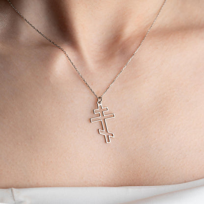Gold Cross Necklace, Men's Women's Small Dainty Cross, 925 Sterling Silver Orthodox Sideways Cross, Tiny Pearl Christian Jewelry Gift